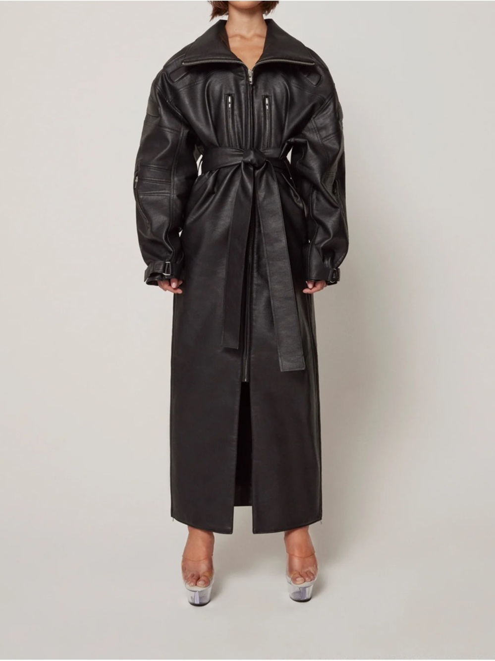 Black Faux Leather Maxi Trench Coat with Self Tie Belt